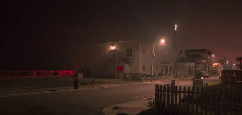 Red building at night